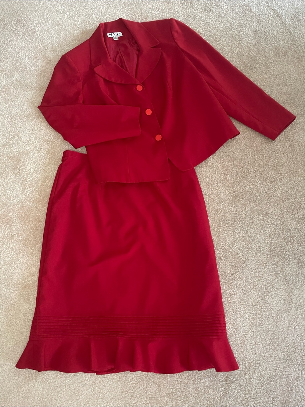 NYP Red Skirt Suit Set Blazer 18W Skirt 16W Lined Ruffle Hem Plus Size